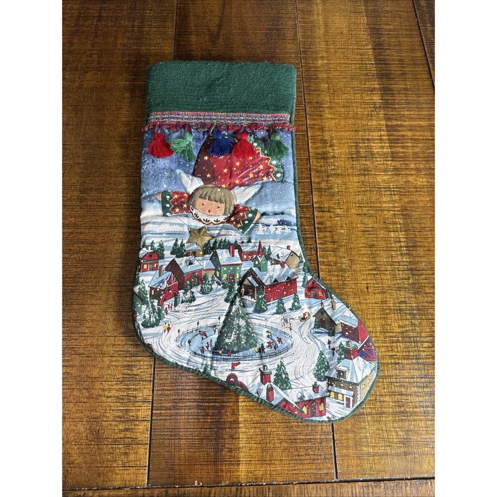 Christmas Tree Stocking Flying Angel With Star Snow Village Tasssls Hand Painted